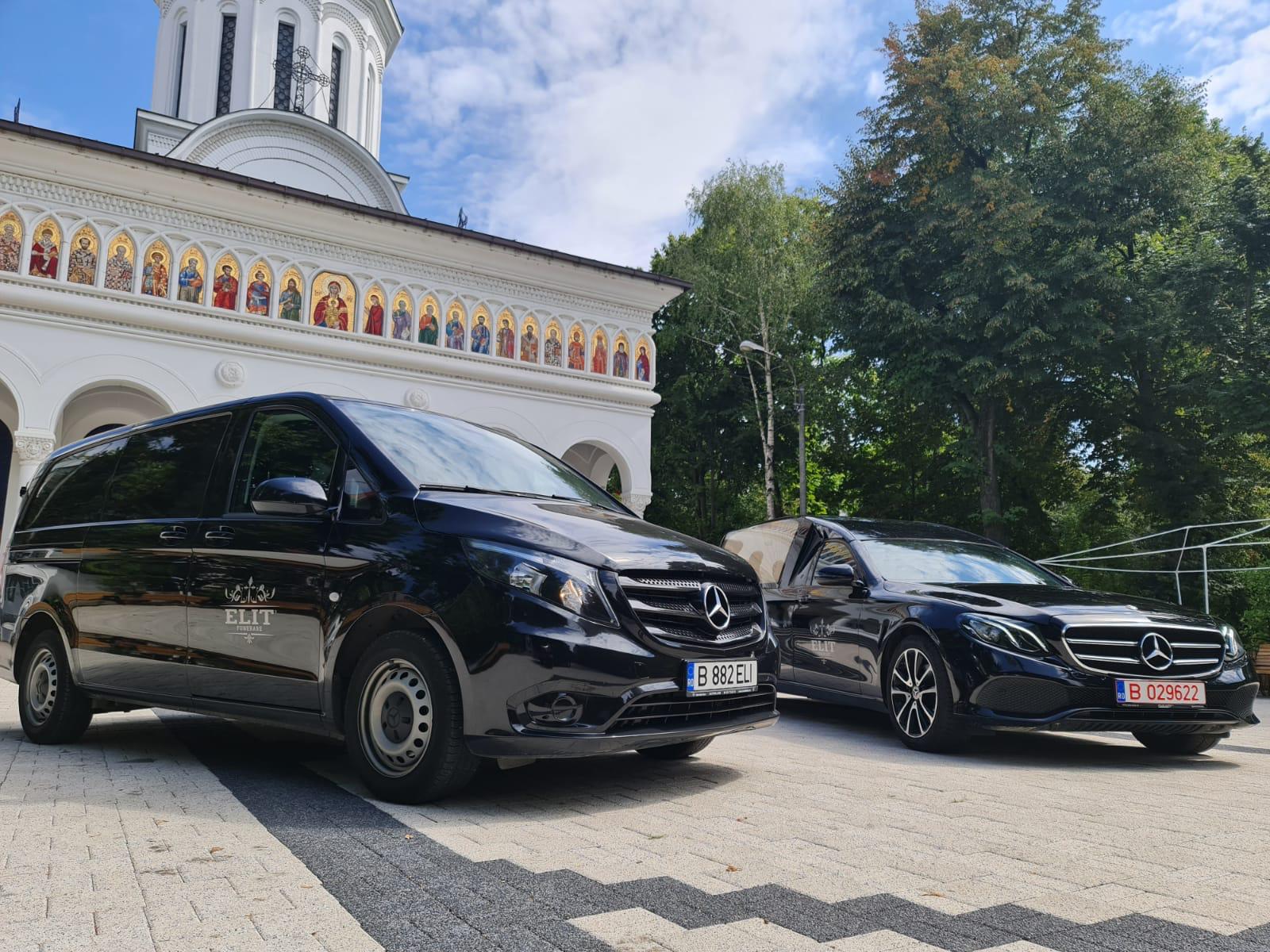 Dric Mercedes și dubă funerară Elit Funerare la Mânăstirea Cernica